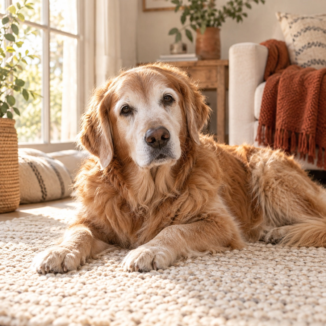 Illustration of a senior golden retriever resting by a window
