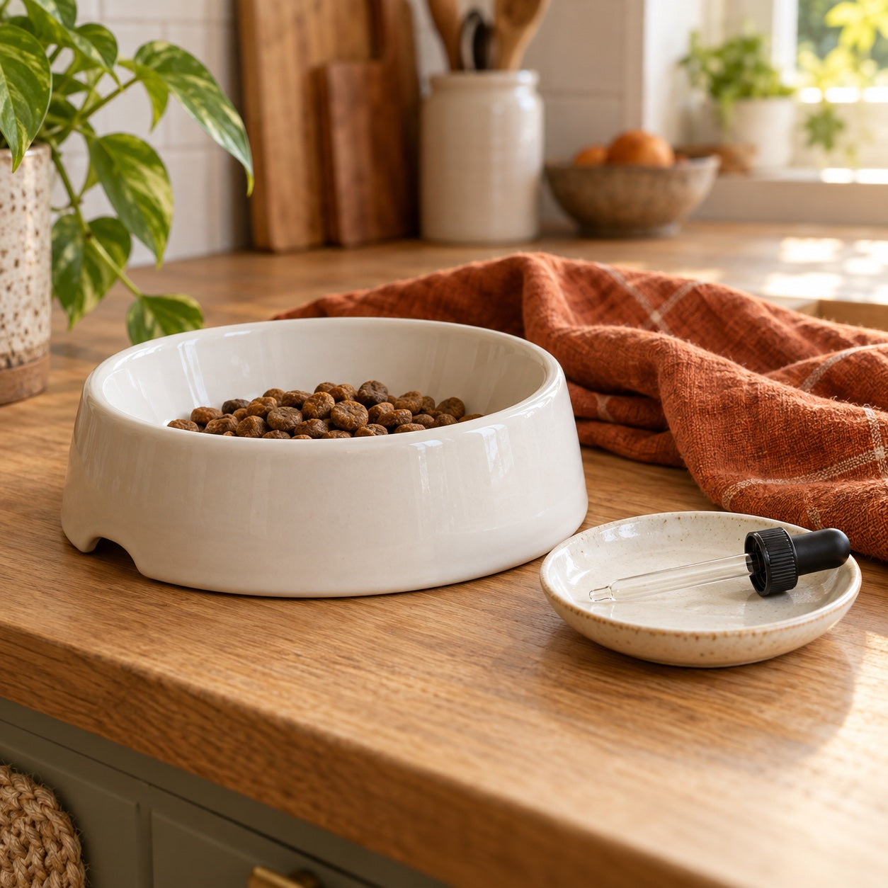 Illustrative bowl of dog food and an empty dropper on a saucer