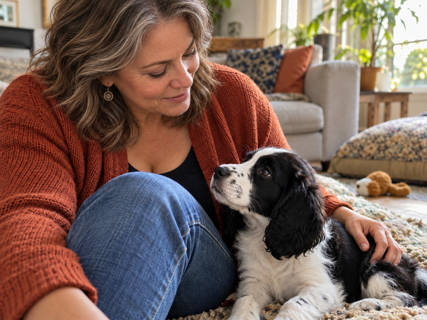 A White woman sitting beside a black-and-white spaniel puppy in a sunlit living room.