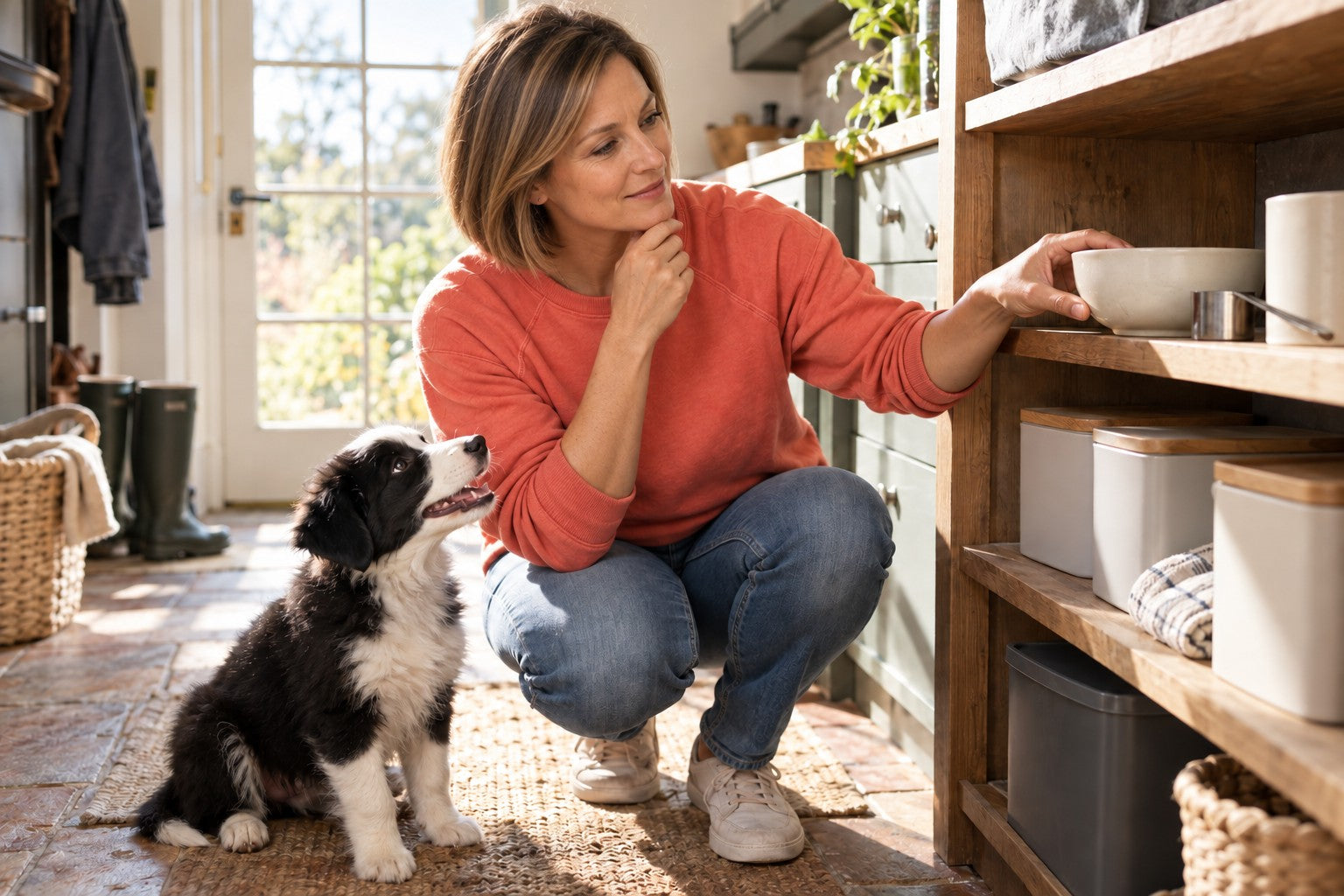 A woman considering a puppy bowl in a cupboard while a border collie puppy waits beside her.