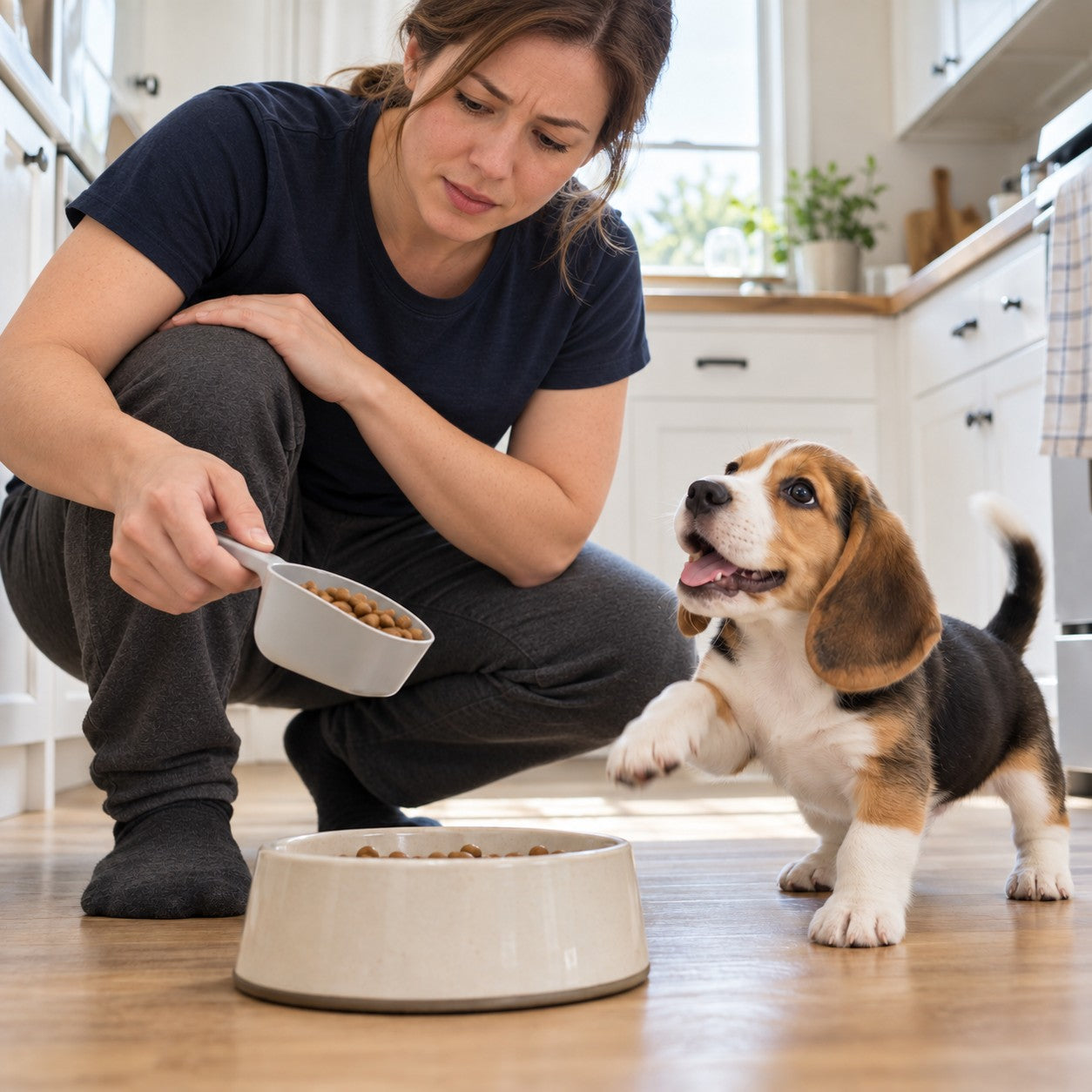 A woman holding a kibble scoop beside an eager beagle puppy and its bowl.