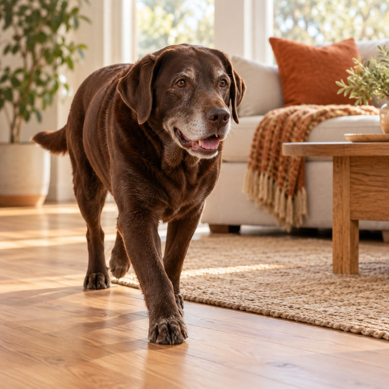 A mature Labrador standing in a bright living room