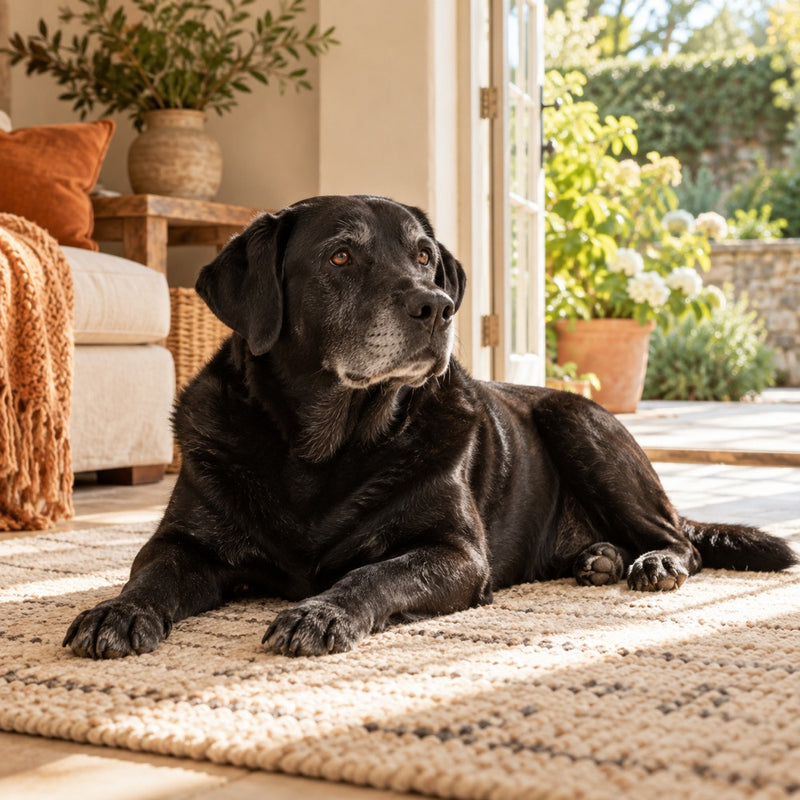 A Labrador with a dark coat relaxing at home