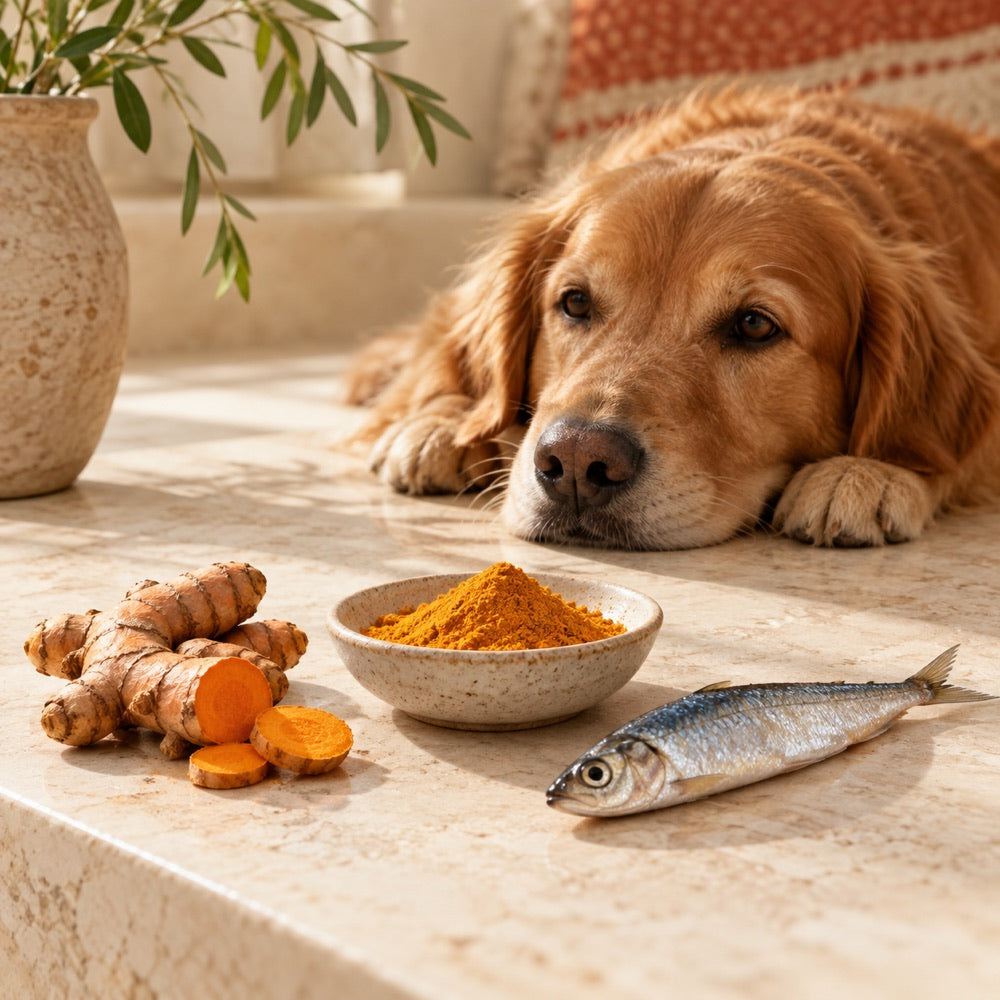 Illustrative turmeric and fish ingredient still life