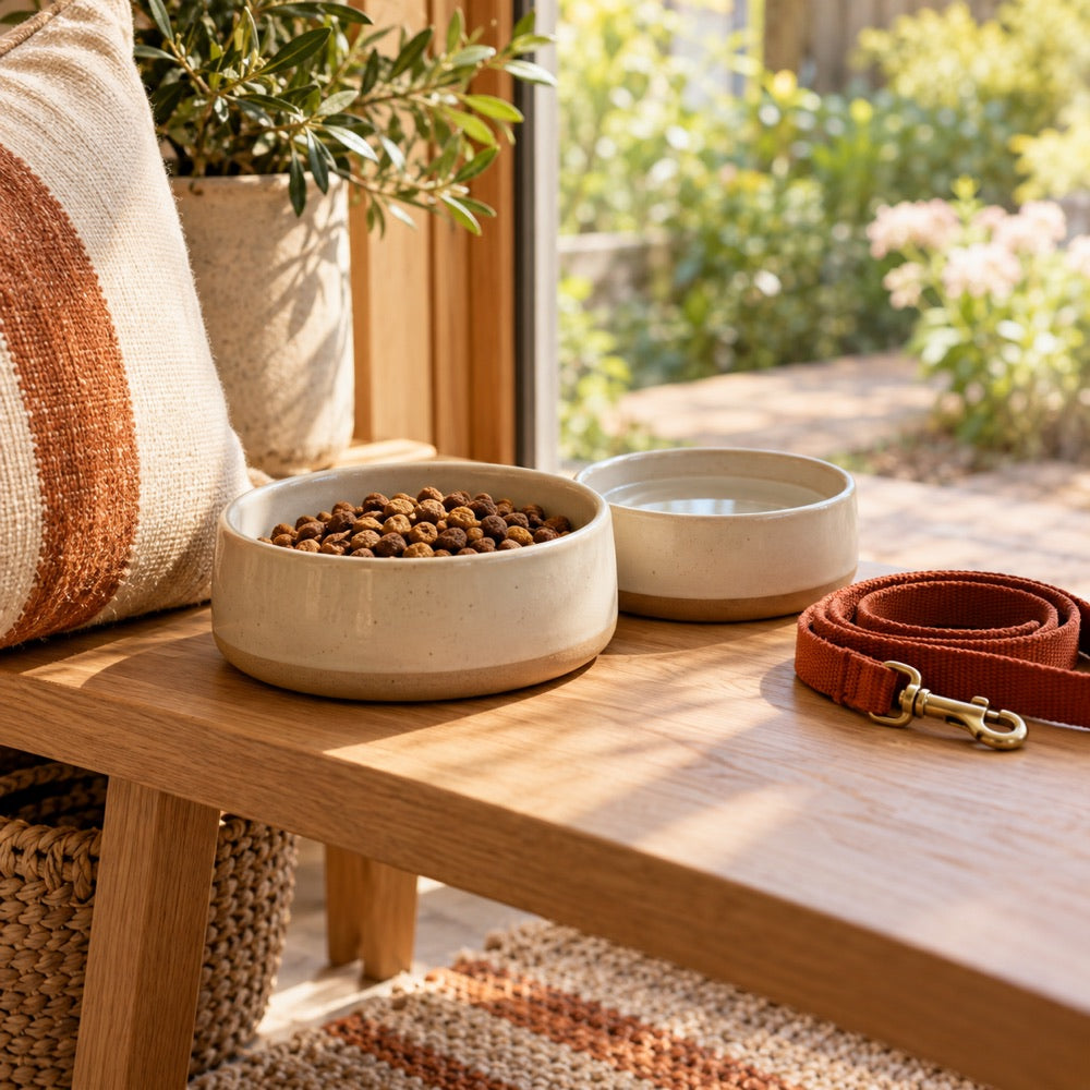 Food bowls and a walking leash arranged for daily care