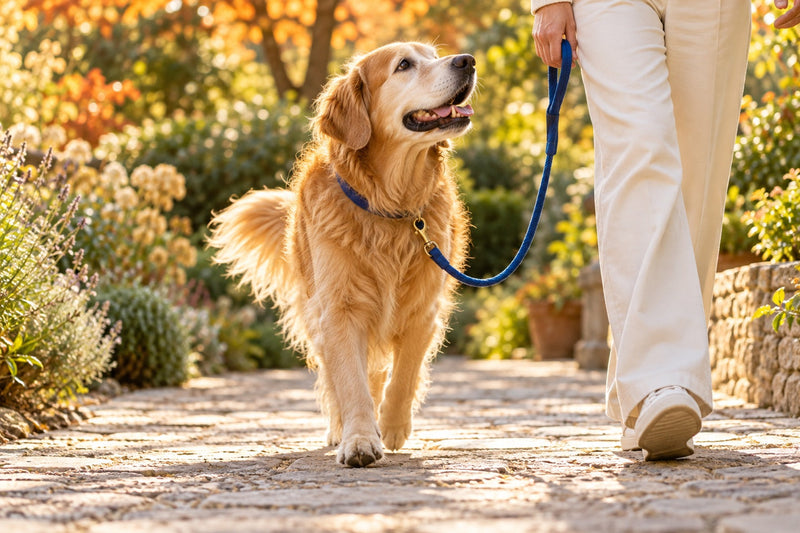 A golden retriever on a familiar outdoor walk