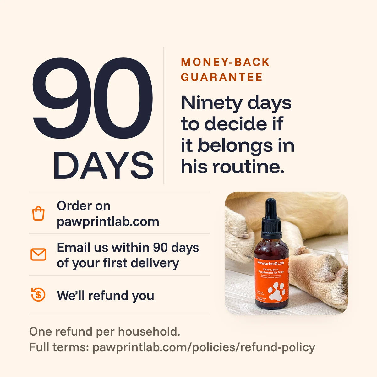 Garantie satisfait ou remboursé de 90 jours : commandez sur pelvitpet.com, écrivez-nous dans les 90 jours suivant la première livraison et nous vous remboursons. Un remboursement par foyer. Conditions sur pelvitpet.com/policies/refund-policy.