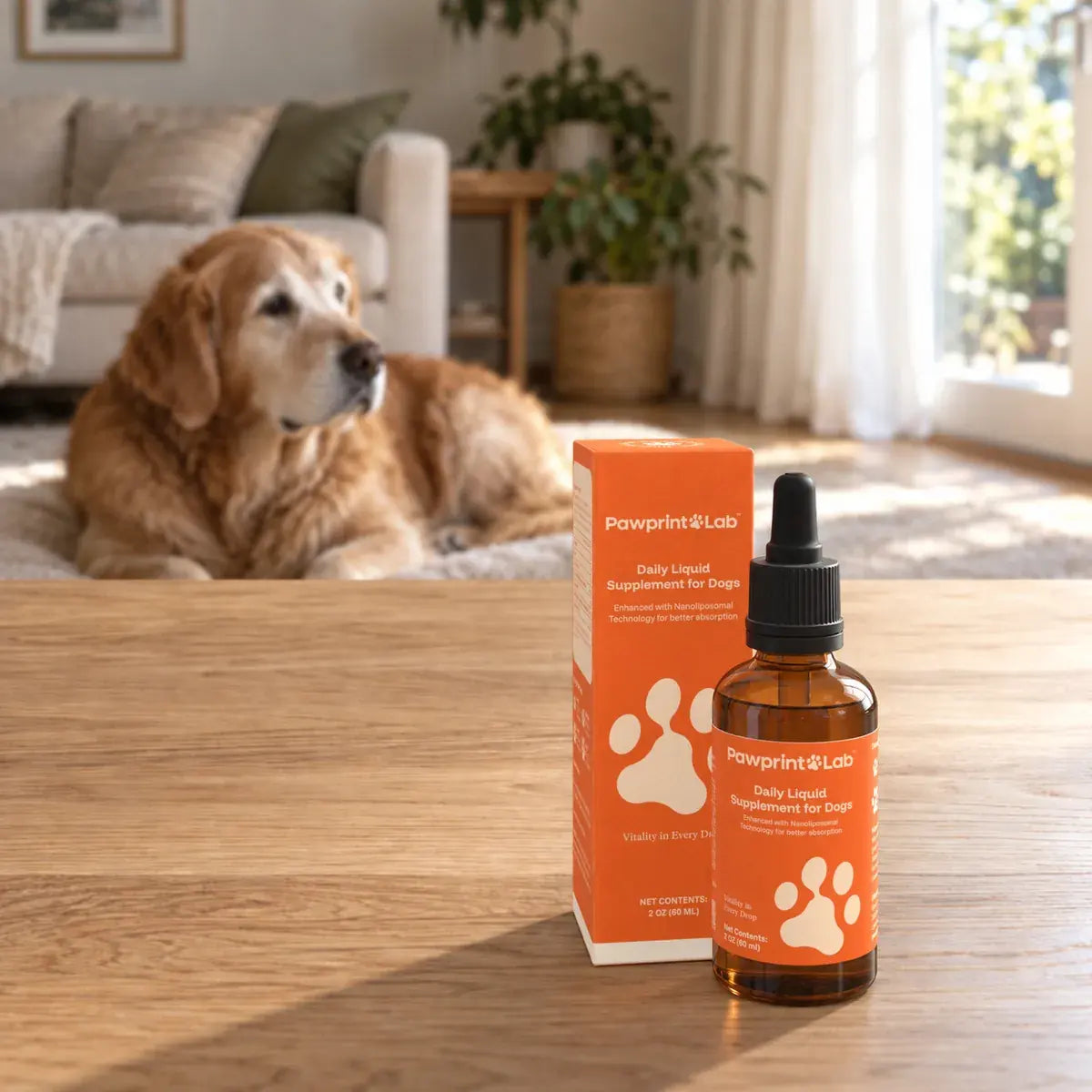 Un golden retriever âgé se repose chez lui derrière un flacon et une boîte Pelux Protocol.