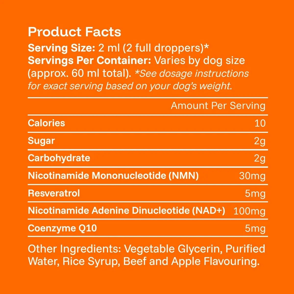 Informations produit Pelux Protocol : portion de 2 mL, soit 2 pipettes complètes ; NMN, resvératrol, NAD+ et CoQ10 ; autres ingrédients : glycérine végétale, eau purifiée, sirop de riz, arômes de bœuf et de pomme.