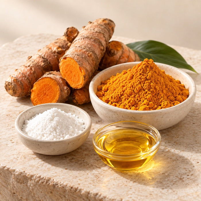 Photorealistic ingredient visualization: L-Carnitine + Turmeric + Vit E. Representative imagery.