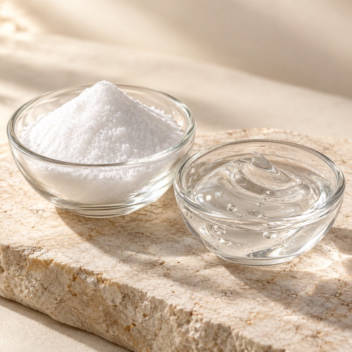 Photorealistic ingredient visualization: MSM + Hyaluronic Acid. Representative imagery.