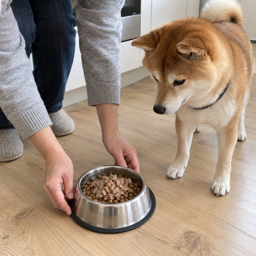 Illustration-style photo: an owner’s hands lower a steel bowl of kibble and wet food onto a kitchen floor while a Shiba waits