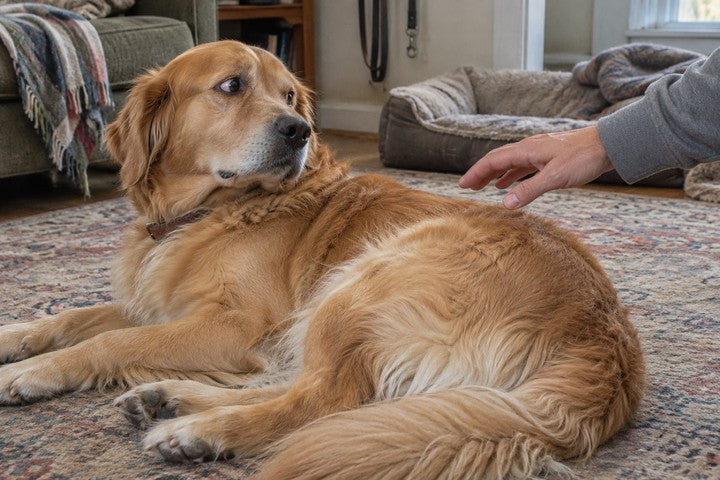 Illustrative image: a golden retriever lying on a faded rug turns his head back with a stiff, wary look as a hand hovers just above his hip