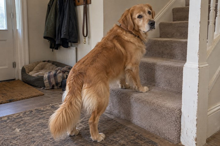 Illustrative image: a golden retriever stands at the foot of a carpeted staircase with his front paws on the first step and looks back over his shoulder