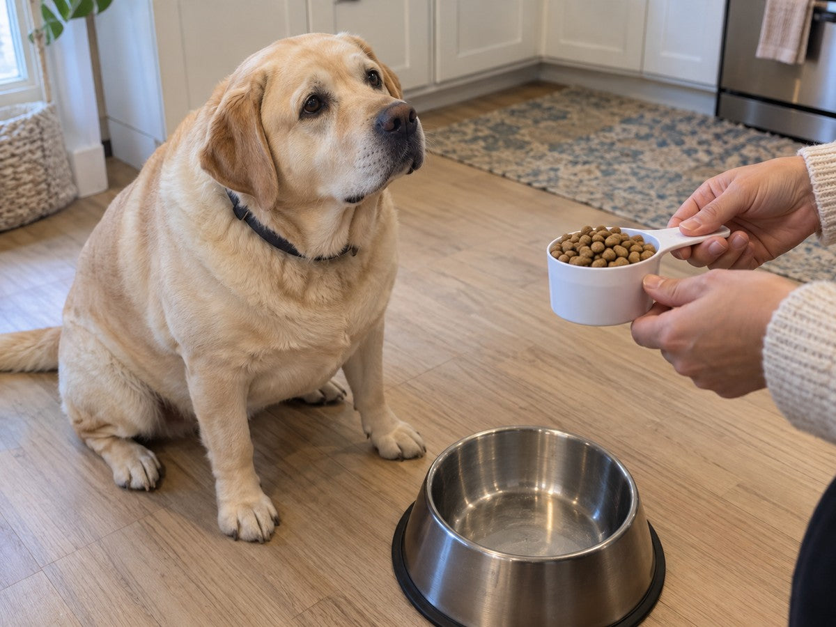 Illustration: a person's hands hold a cup of kibble above a steel bowl while an overweight yellow Labrador sits on the kitchen floor and looks up at it
