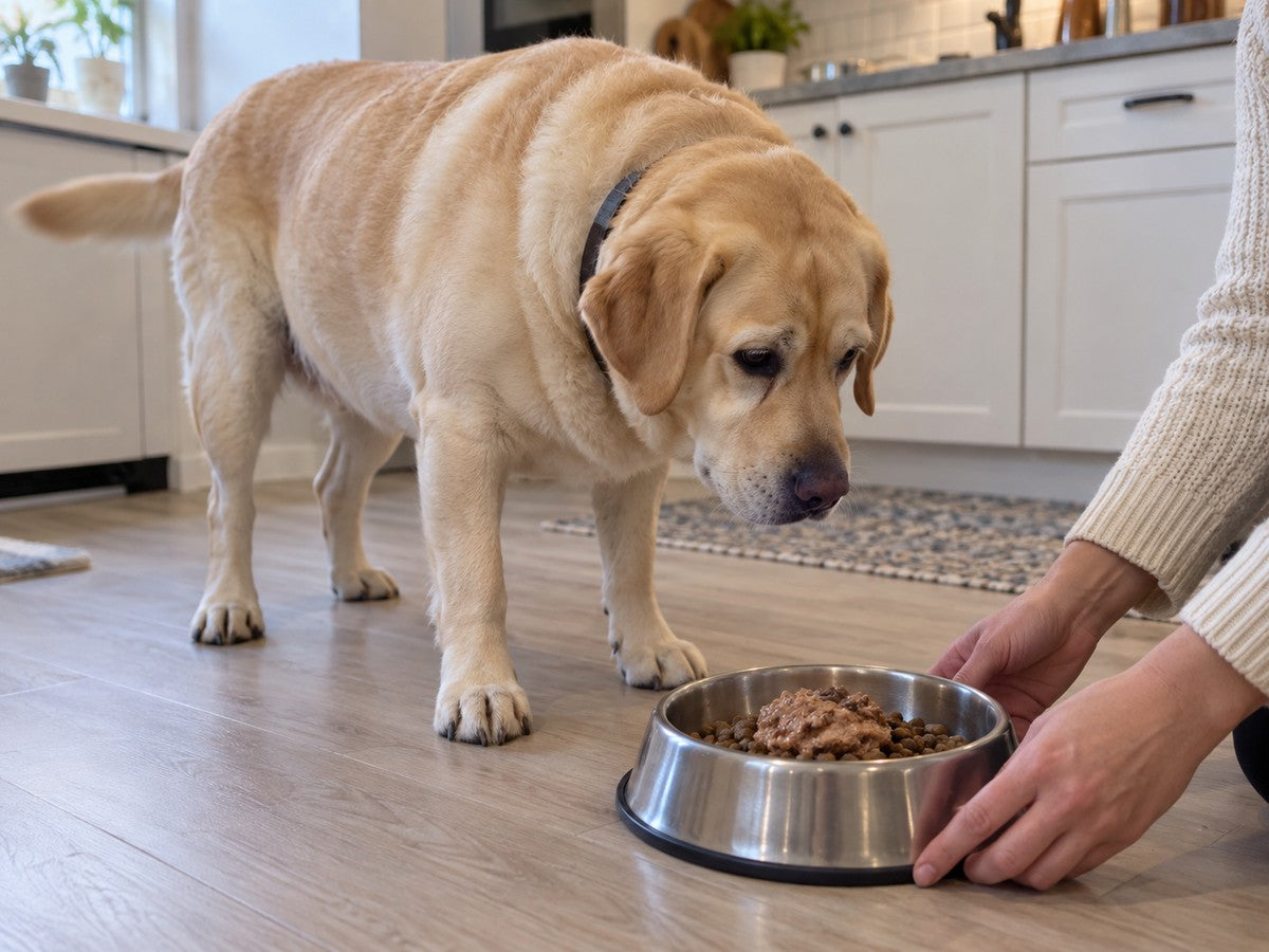 Illustration: a person's hands set a steel bowl of kibble and wet food on the kitchen floor while an overweight yellow Labrador leans in to eat.
