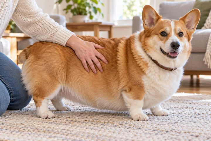 Illustration: an owner’s hand in a cream sleeve rests flat on the side of a heavy red-and-white corgi, pressing into the thick coat and searching for ribs