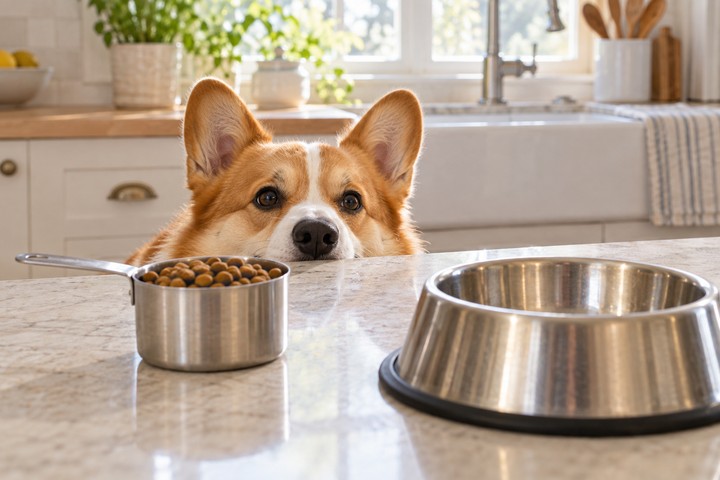 Illustration: a steel measuring cup of kibble on a kitchen counter, with a red-and-white corgi’s nose and ears peeking over the edge